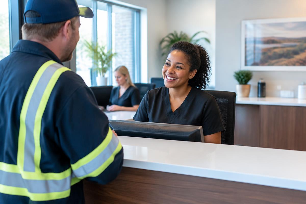 Staff at an independent testing center greeting a truck driver at the front desk