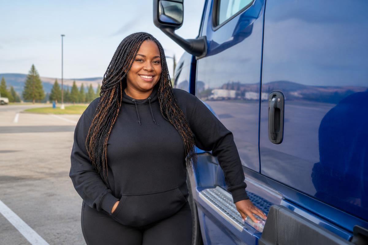 Owner-operator truck driver standing beside her truck