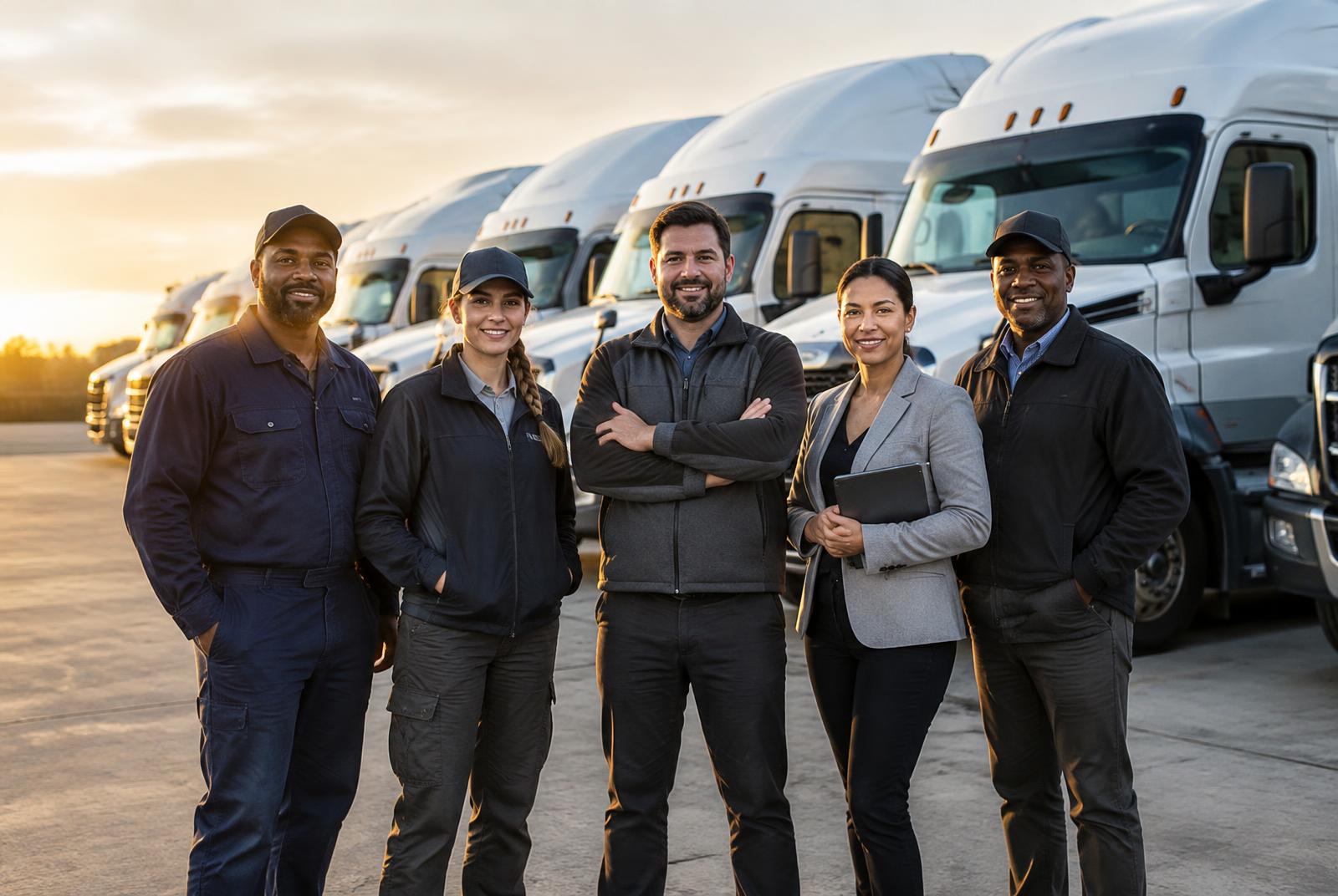 Diverse team of truck drivers and fleet managers standing in front of a row of semi trucks